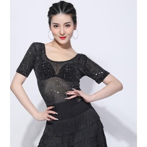 Latin Dance Shirts Adults Sexy Perspective Shiny Short Sleeve Top Samba Tango Salsa Cha Cha Rumba Performance Clothing DNV13460
