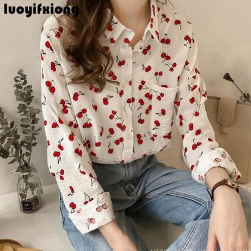 Long Sleeve Cherry Printed Womens Tops and Blouses 2021 Kimono Cardigan Work Casual Loose Blouse Shirt Plus Size Blusas Mujer