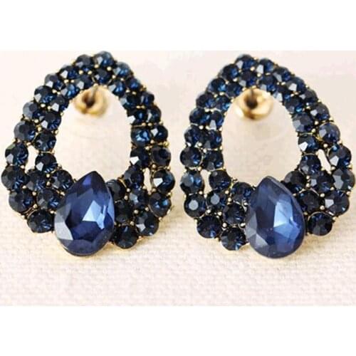 Dark Blue Full Rhinestone Hollow Water Drip Golden Drop Dangle Earrings for Women Fashion Jewelry