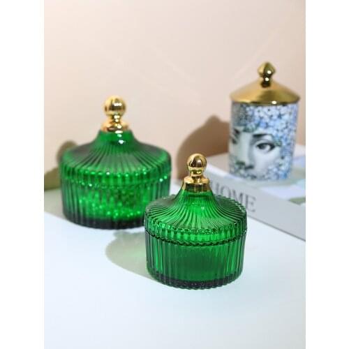 Nordic Retro Dark Green Glass Storage Jar Embossed Candy Jars With Cover Storage Bottles Tank Jewelry Box Art Household Items