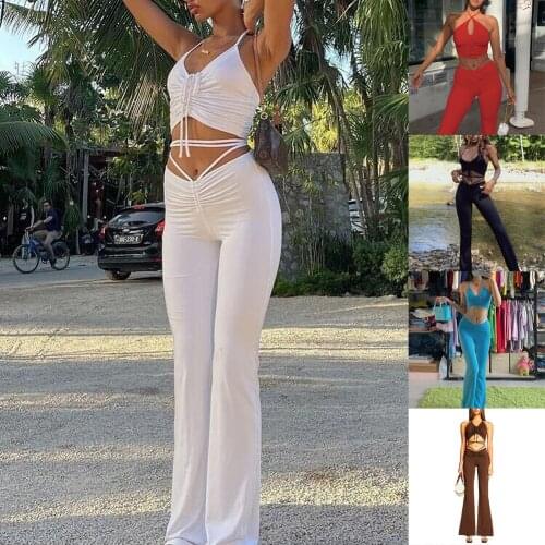 Y2k Streetwear Sexy Bandage Suit 2000s Fashion Drawstring Halter Top And High Waist Flare Pants Corset 2 Piece Set Outfits
