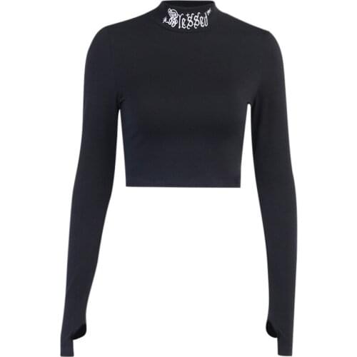 Gothic Tshirt Women Tightness Sexy Embroidery Top Long Sleeve Stand Neck Tee Shirt Femme Tshirt Y2K Women Clothes Poleras Mujer