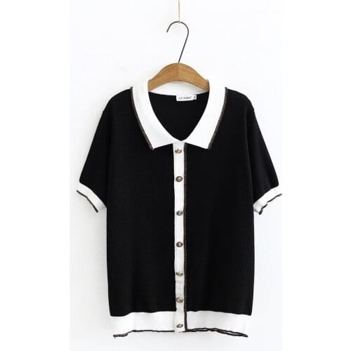 Plus size turn-down collar knitted cotton linen short sleeve tshirt 2021 summer casual black white ladies t shirts female top