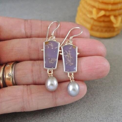 Womens Abstract Purple Opal Earrings Square Enamel Round White Pearl Pendant Earrings Boho Ethnic Creative Drop Dangle Jewelry