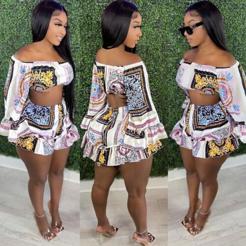 2021 High Quality New Design 2 pcs Women Set Luxury Print Ruffles Slash Neck Short Tops and Shorts Summer Sexy Night Club Outfit