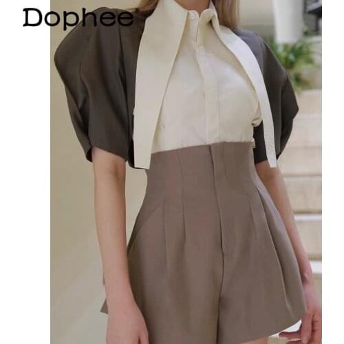 Preppy Style Summer Shorts Suit for Women 2021 New Sharp Collar Short Sleeve Crop Top High Waist A- Line Shorts Two-Piece Sets
