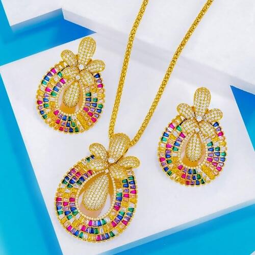 Blachette Luxury Brand Super Boom Gold Zirconia Pendant Necklack Earrings Dubai Women Wedding Banquet High Quality Jewelry Sets