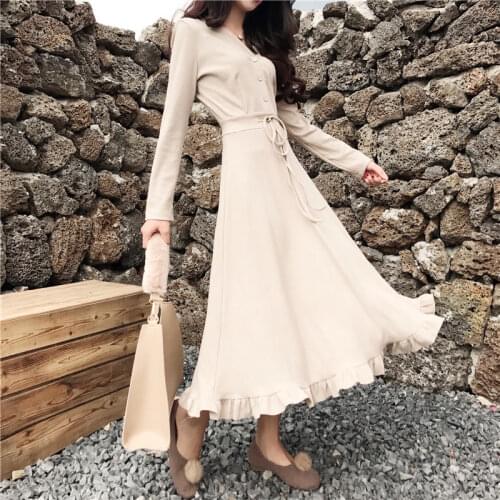 Spring New Mid-length Women Dress Slim Was Thin V-neck Wild Long-sleeved Bottoming Fashion Summer Waist Dress