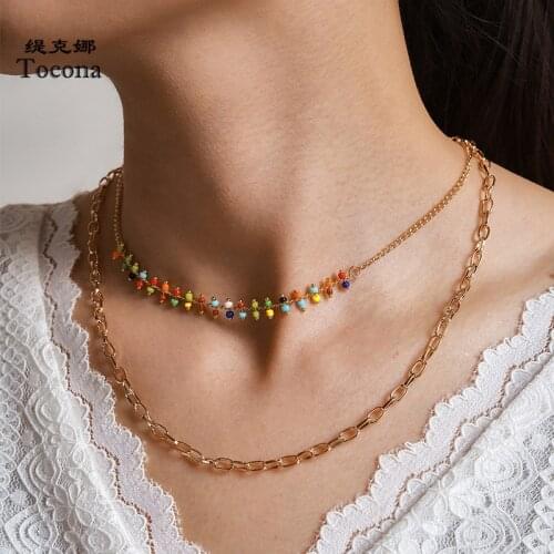 Tocona Bohemian Colorful Bead Necklace for Women Charm 2020 Gold Alloy Metal Chain Choker Necklace Jewelry Collar 14308