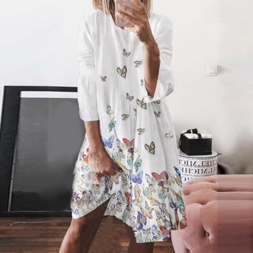 2021 Casual Fashion New O-Neck 3/4 Sleeve Soft Midi Dress Women Butterflies Print Big Hem Party Dress Ladies Clothing Plus Size