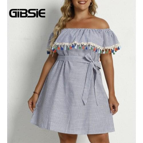 GIBSIE Striped Tassel Off Shoulder Belted Dress Plus Size xxxl 4xl Women Summer Casual Boho Beach Dresses Big Size Clothes