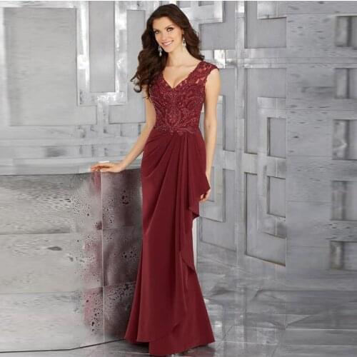 Burgundy Mother Of The Bride Dresses Mermaid V-neck Chiffon Appliques Beaded Plus Size Long Groom Mother Dresses Wedding