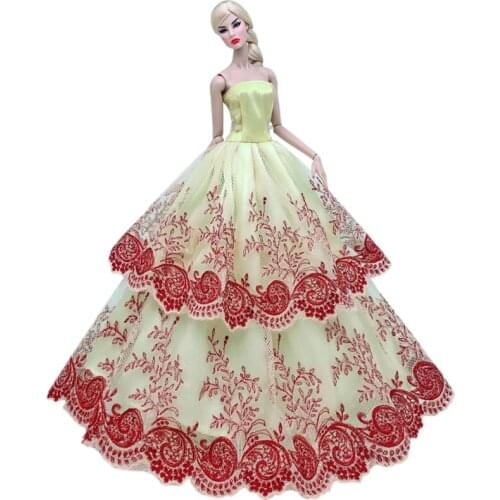 1/6 Fashion Yellow Off Shoulder Lace Pink Floral Dolls Clothes For Barbie Dress Princess Wedding Gown 30cm Doll Accessories Toys