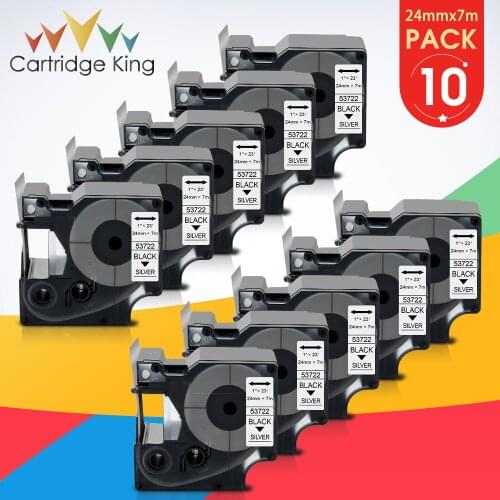 10PK 53722 Black on Silver 24mm*7m Laminated Label Tapes Compatible Dymo D1 24mm Label Printers for Dymo LM 450D Label Maker