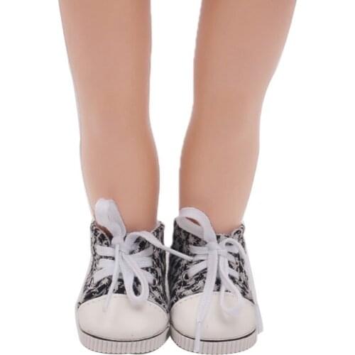 18 Inch American Doll shoes Black white lace-up canvas shoes newborn Sports shoe Girls Baby toys fit 43 Cm Boy Dolls s105