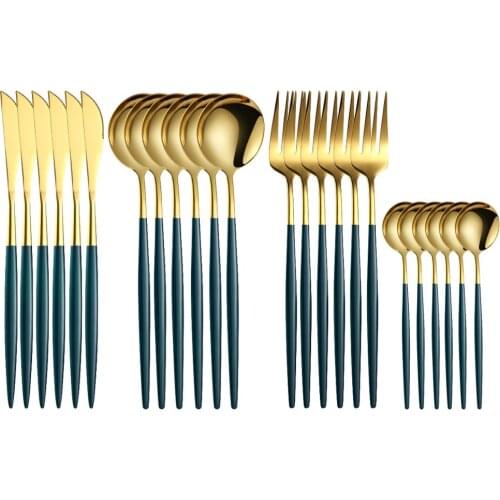 24Pcs Green Gold Cutlery Set Mirror Colorful Flatware Set 304 Stainless Steel Dinnerware Set Kitchen Silverware Gold Tableware