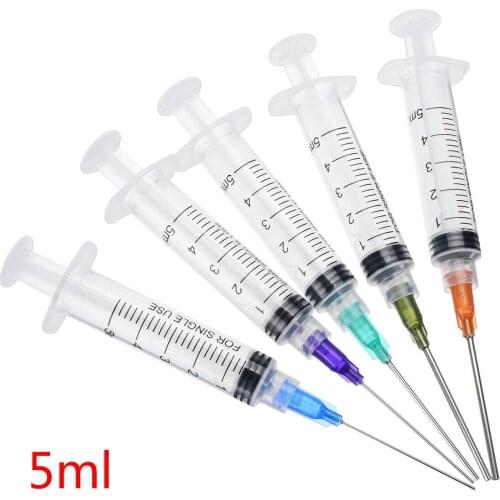 Five 5ml screw-type syringes + 1.5 inch plastic steel dispensing tip 14/15/18/21/22G each, which can be screwed to the syringe