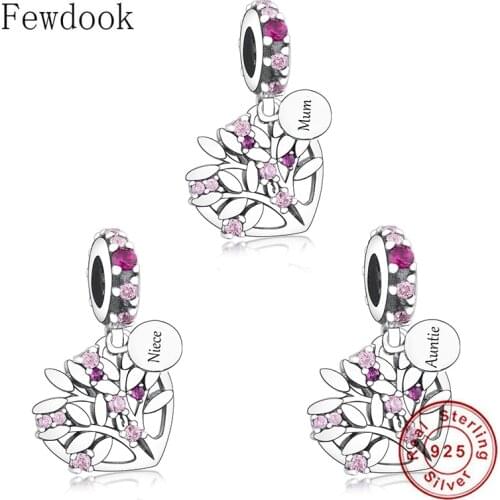 925 Sterling Silver Heart Pink Family Life Tree Bead Fit Original Charm Bracelet For Making Women Auntie Mum Niece Berloque DIY