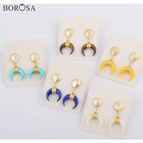 BOROSA 5/10Pairs Gold Color Horn Shape Wire Wrap Rainbow Shell Drop Earrings Jewelry Natural Shell Earrings Jewelry G1827