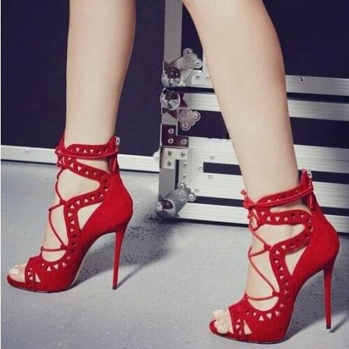 Sexy Red Women Sandals Ankle Strap Lace-up Hollow Cut-out Gladiator Sandals Women Peep Toe Cross Strap High Heels Ladies Sandals