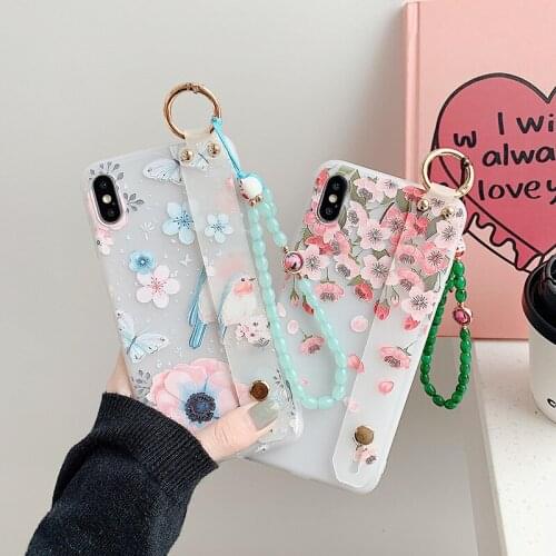 Wrist Strap Case For iphone 11 Pro Max 7 8 6s plus X Xs max XR SE 2020 Flower TPU Phone Holder Case For iPhone 11 TPU Back Cover