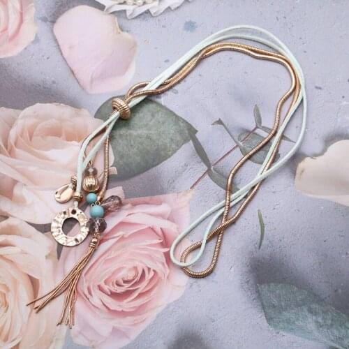 Snake Chains Necklace Tassel Pendant Blue Beads Charm Hammered Alloy Long Jewelry