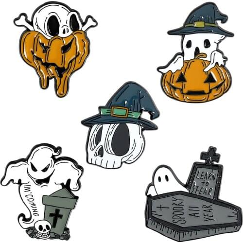 Halloween Enamel Pins Skeleton Skull Pumpkin Ghost Grave Coffin Brooch Bag Gothic Button Badge Boo Jewelry Gift for Friends