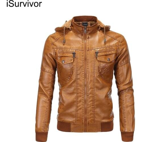 ISurvivor 2021 Mens Leather Jacket Classic Washed Hooded Plus Velvet Leather Warm Jacket