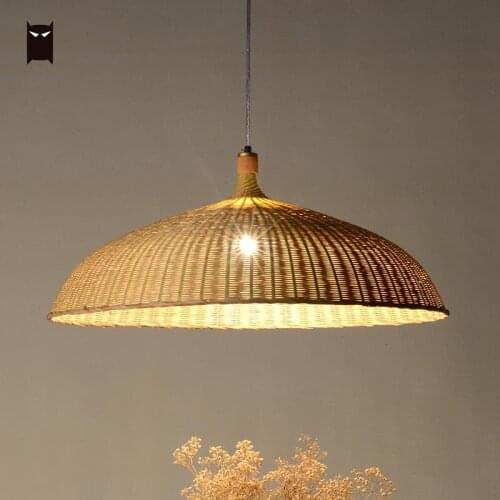 Delicate Bamboo Wicker Rattan Shade Pendant Light Fixture Asian Rustic Hanging Ceiling Lamp for Office Counter Dining Table Room
