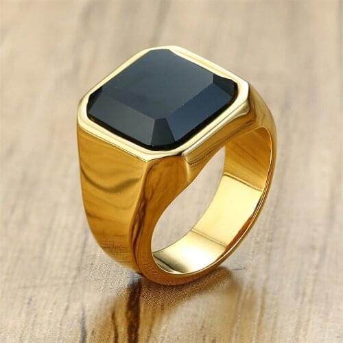 Fine Rings for Men Stainless Steel Square Black Stone Gold-Color Mens Jewelry Smooth Wholesale INS Trend 4 Color Male Gift