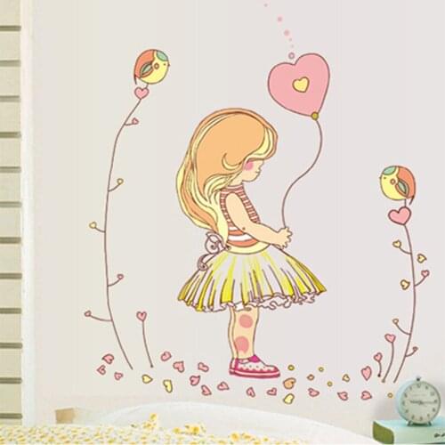 Lovely Little Girl Playing Balloon Wall Stickers For Kids Room Baby Bedroom House Decoration Art Wall Decal Poster Mural Sticker