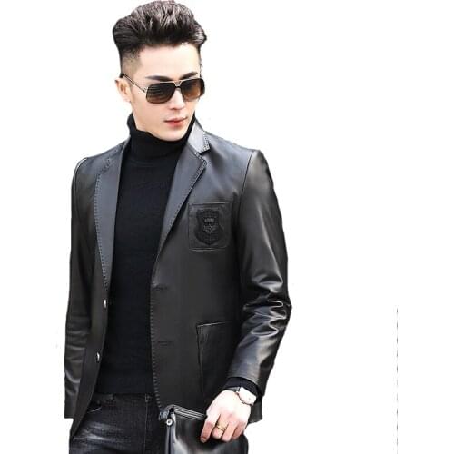 Suit Men Casual Genuine Leather Clothes Sheepskin Embroidered Jacket Fashion Slim-Fit Coat