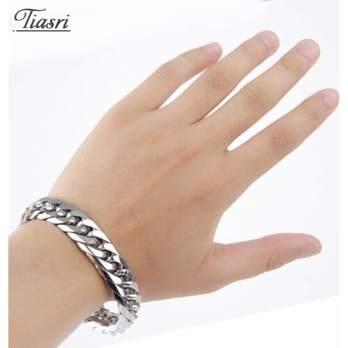 Tiasri Amazing Mens Bling Punk Jewelry 316L Stainless Steel Curb Cuban Chain Bracelet Silver Color Hip-Hop Style Male Gift 15mm