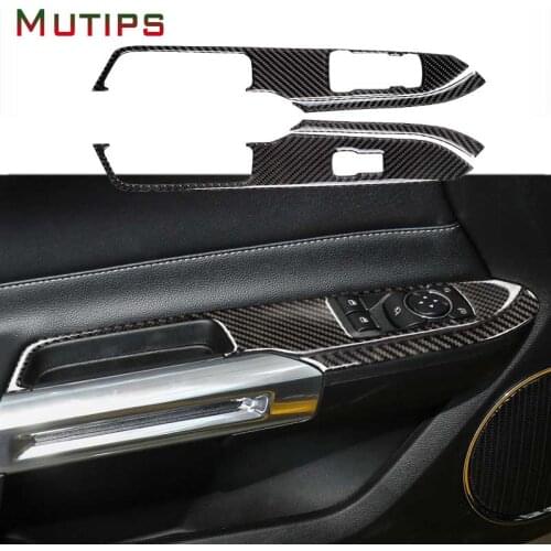 Mutips Car Window Control Switch Panel Lifter Armrest Cover Carbon Fiber Sticker Auto For Ford Mustang 2015 2016 2017 2018 2019