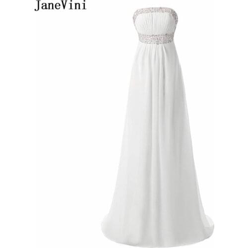 JaneVini Simple White Chiffon Long Bridesmaid Dresses A Line Strapless Sequined Beaded Party Prom Dress Formal Gowns Sweep Train