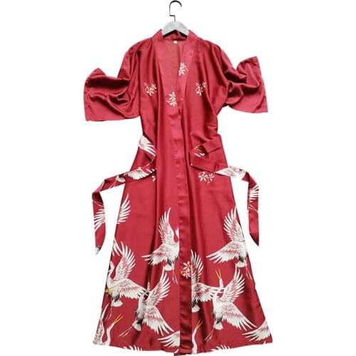Silk Nightgown Female Bridesmaid Wedding Gown Bride Crane Embroidered Nightgown Loose Large Size Bathrobes Tracksuit Long Robe