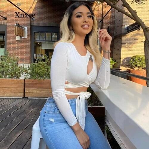 Womens Sexy Lace Hollow Shirt Street Clothing Wrapped T-Shirt Fashion Solid Color Long Sleeve Short Top Dress Ladies