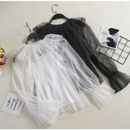 Women Flare Sleeve Peter Pan Collar Basic Ruffles Shirt Casual Lady Embroidery Lace Polka Dot Mesh Gauze Pullover Blouse Tops