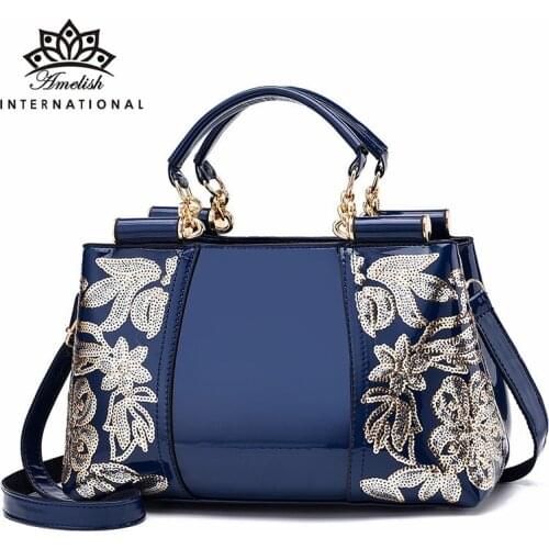 AMELISH Flower Embroidery Boston Handbags for Women 2021 Designer Fashion Shoulder Bag High Quality Leather Ladies Wedding Tote