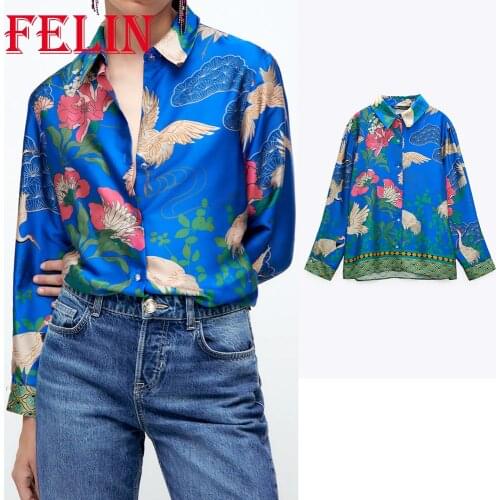 Za 2021 Chic Vintage Silk Surface Blue Women Shirts Floral Paint Blouses Fashion Autumn Button-up Elegant Tops Office Lady Mujer