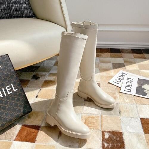 2020 Winter Leather Boots British Style Womens Boots Autumn Winter Boots Womens Rear Zipper Machine Boots Women Long pipe boot