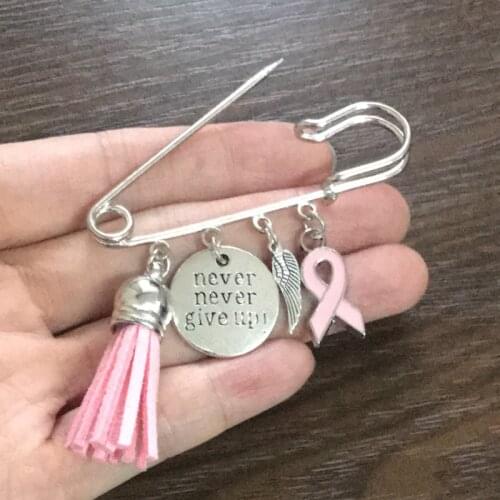 10PCS Breast Cancer Awareness Brooch Pin never give up Breast Cancer Pink Ribbon Pin Brooch Safety Pins