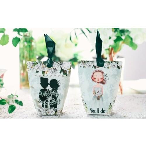 20pcs/lot White Dress Bride With Green Ribbon Wedding Party Gift Box Creative Couple Candy Boxes Wedding Favor Present Box