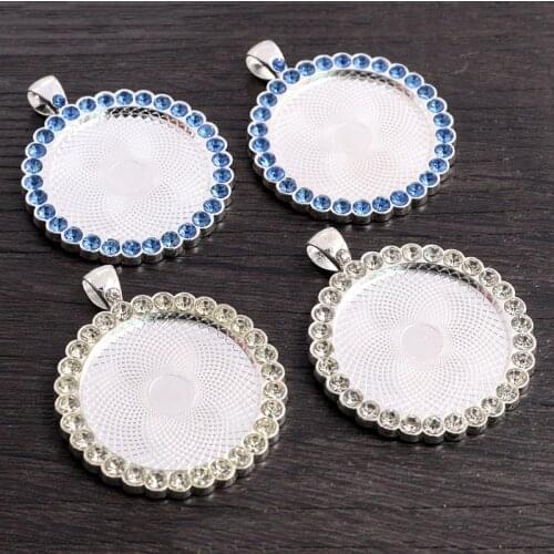 5pcs 30mm Inner Size Bright Silver Plated Transparent and Blue Rhinestone Style Cameo Cabochon Base Setting Pendant