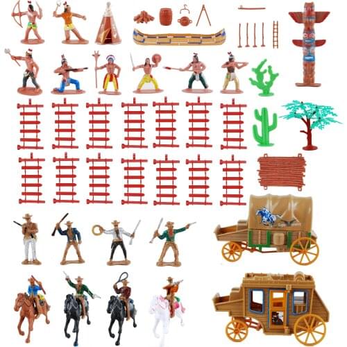 55pcs/Set West Cowboys Native American Indians Plastic Figure Soldiers Toys Playset Accessories