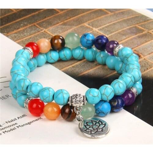 7 Chakras Bracelets Set Lotus Charm Natural Stone Bracelets For Women Men Turquoises Lava Tiger eye Pink Quartzs Bangle Jewelry