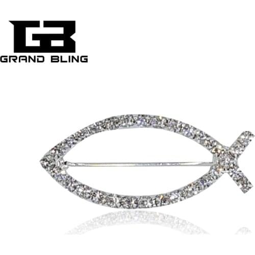 Clear Rhinestone Silver Color "Jesus Fish" Brooch Pins for Christians Brooch for Man