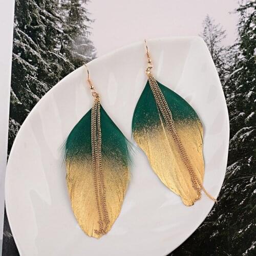 DOUVEI 6 Colors Fashion Jewelry Double Dangle Gradient Eardrop Earring Long Chain Tassel Feather Earrings For Women HQE1065