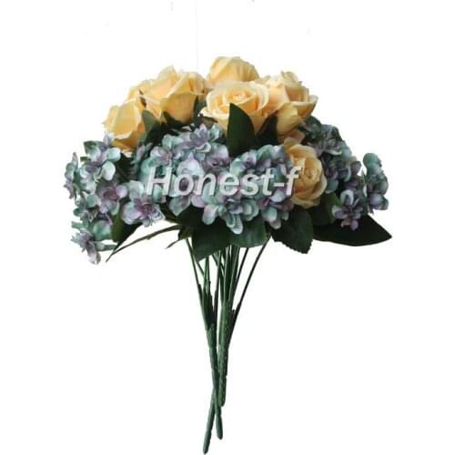 Artificial Multi-Coloured Rose Silk Flowers Bounquet Mixed Arrangement, Home Hotel Room Wedding Decoration(Yellow And Green)
