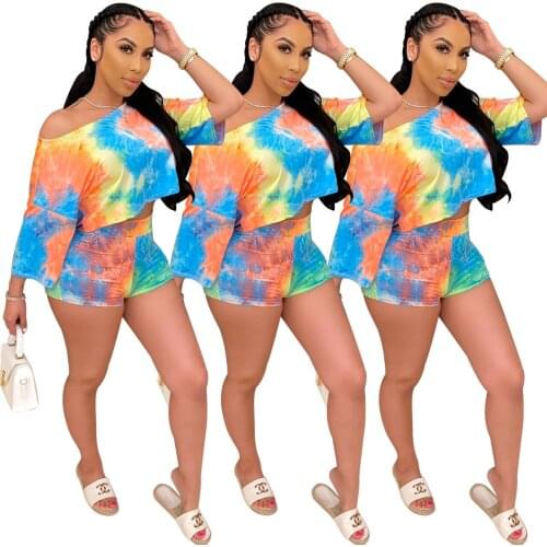Tie-dye Print Two Piece Set Half Sleeve Loose Crop Tops+Shorts Joggers Fitness Sporty Lounge Wear Tracksuits Plus Size S-XXL